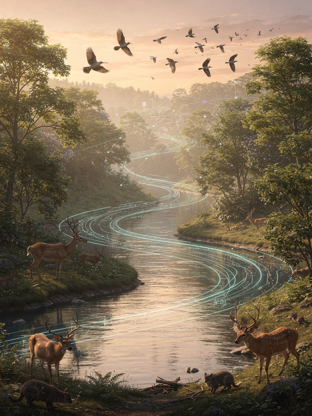 A river valley at sunrise where a current of teal light flows along the water and out through the forest, linking birds in flight, deer on the banks and the hills beyond.