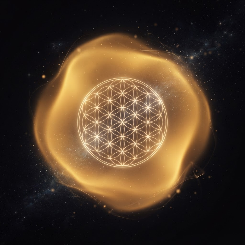 A luminous golden field breathing in deep space, holding a fine flower-of-life pattern of light.
