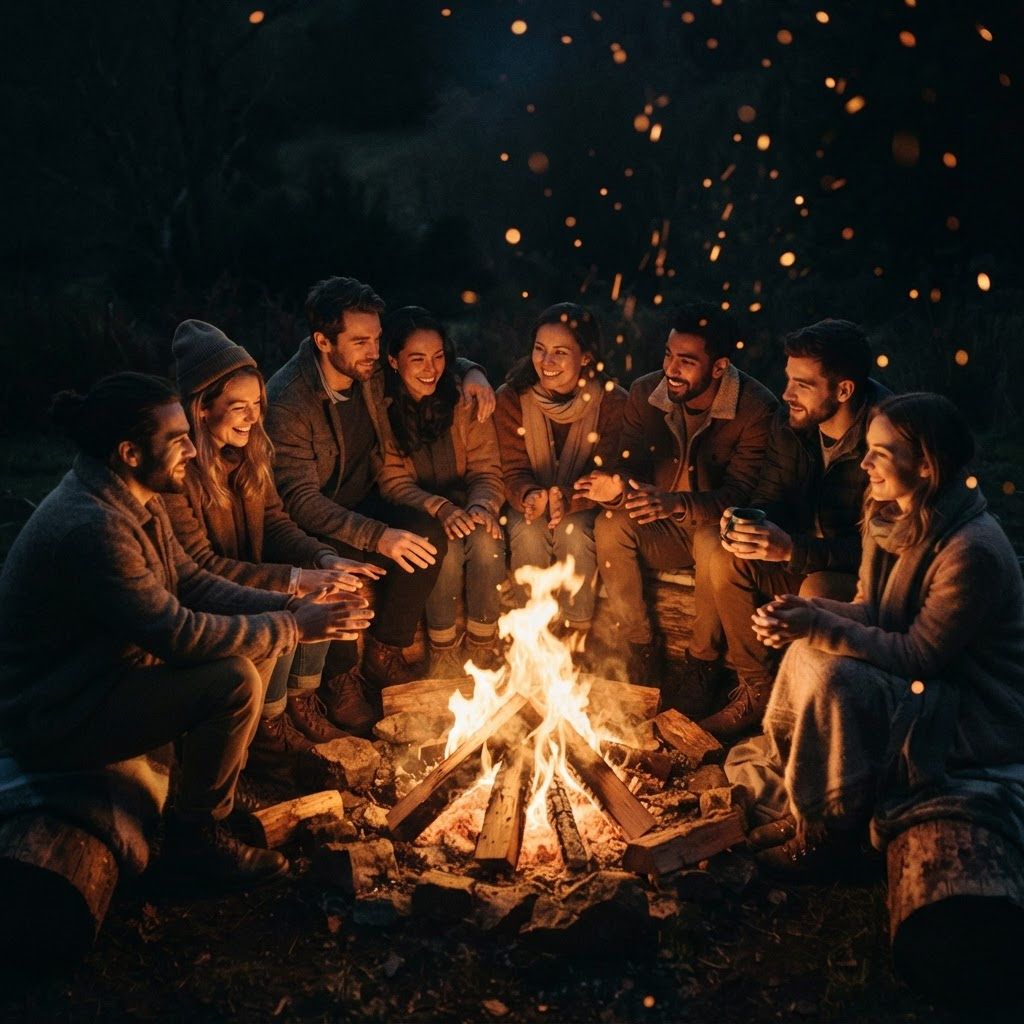 A circle of people gathered around a warm golden fire at night, faces lit in amber light.