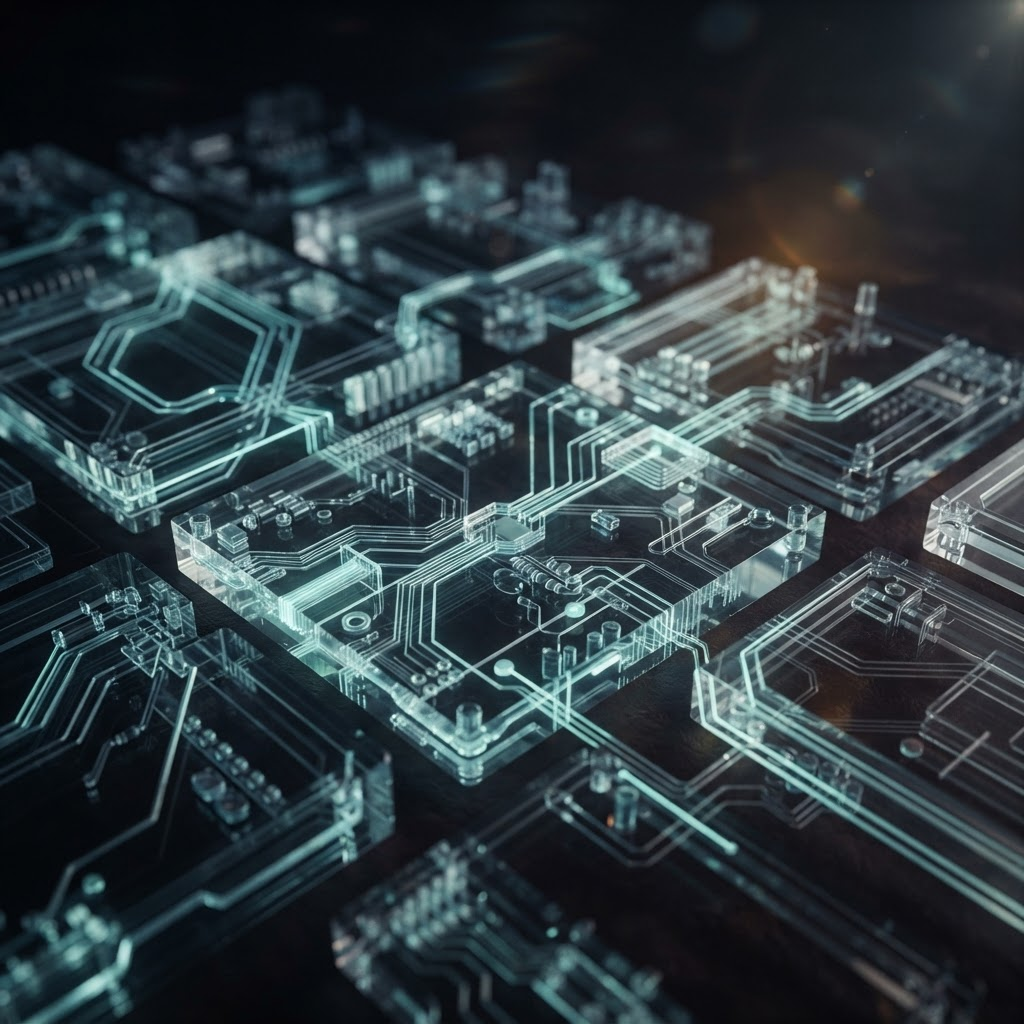 Translucent glass circuitry structures lit from within with soft cyan light, visible through their transparent bodies.