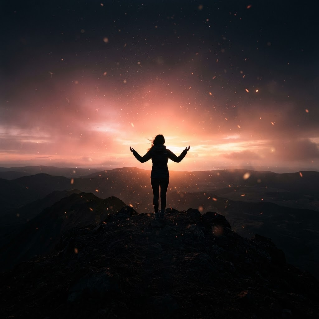 A lone figure standing on a dark ridge, arms lifting, facing a warm rose-red sunrise.