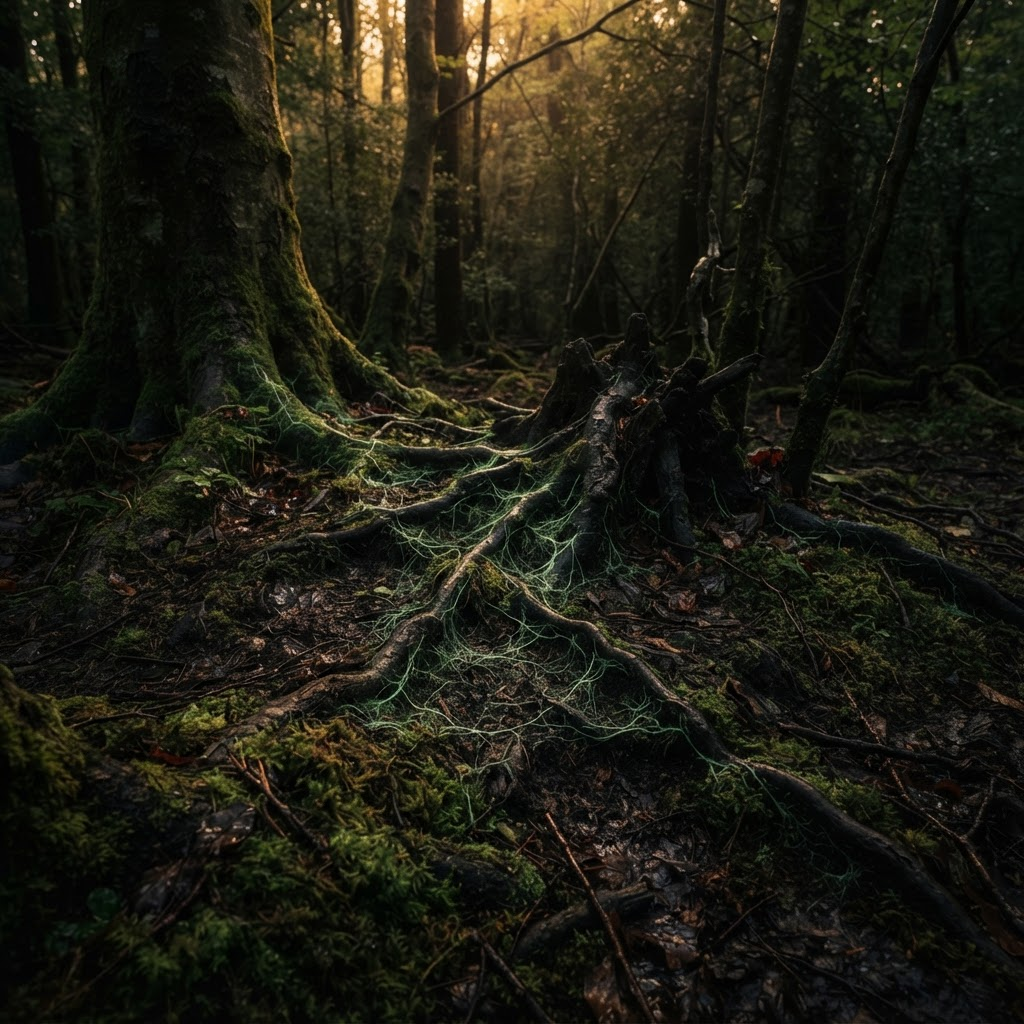 Ancient forest floor where tree roots interlace into a faintly glowing mycelial network through dark soil and moss.
