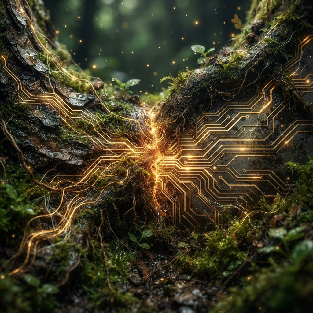A living tree root fusing into a glowing golden circuit trace, technology and nature meeting at a single radiant junction.